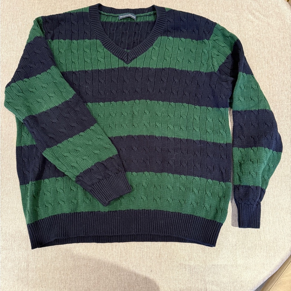 Brandy Melville Green and Black Striped V-Neck Sweater